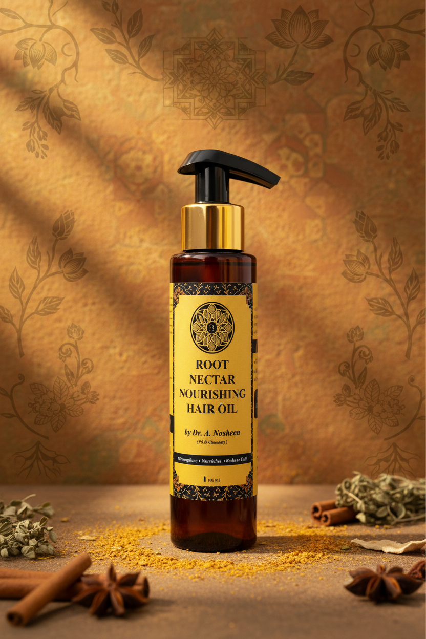 Root Nectar Hair Oil with Heritage Background