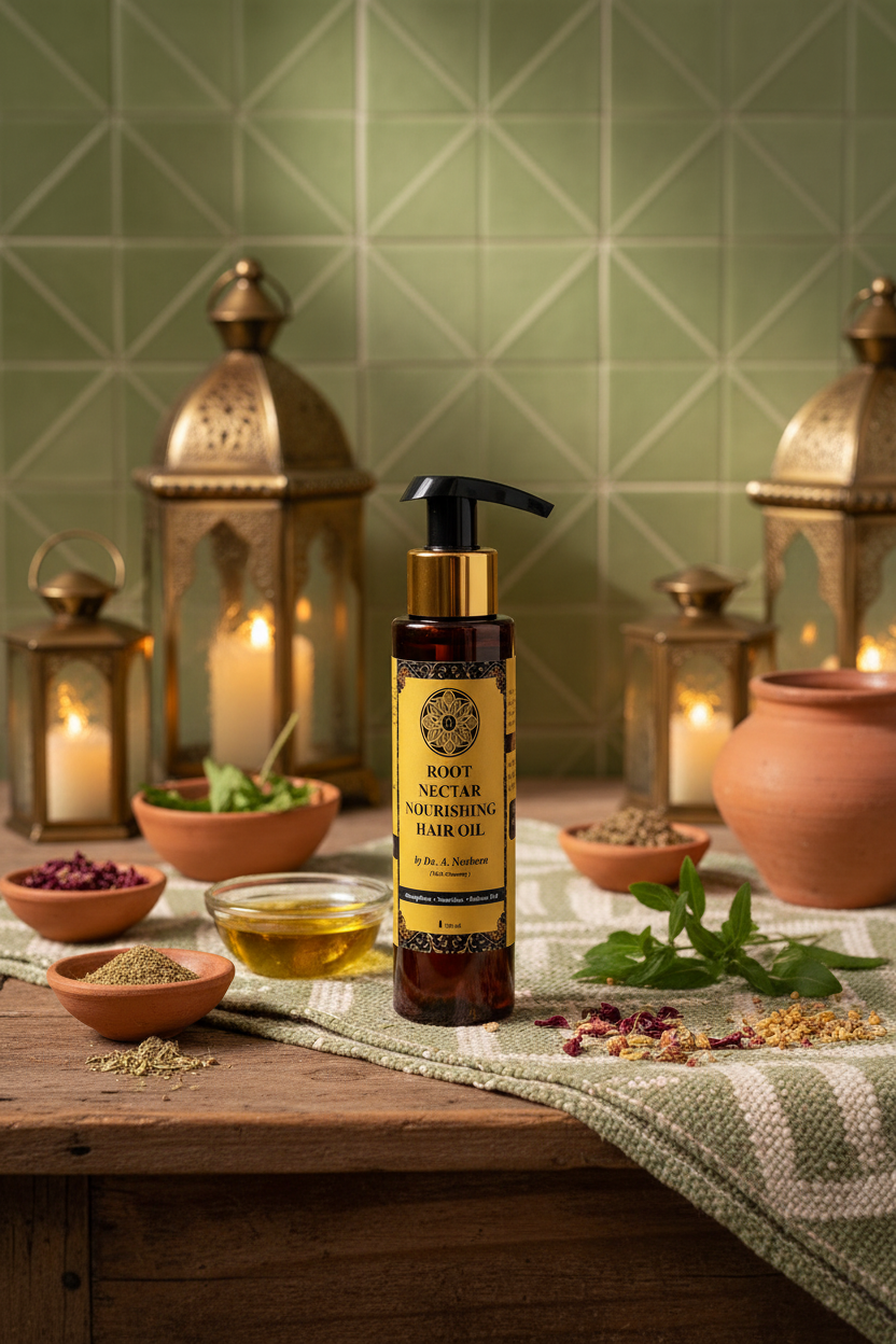 Root Nectar Hair Oil with Traditional Beldi Background